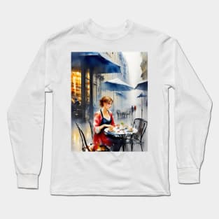 beauitful woman on parisian cafe Long Sleeve T-Shirt